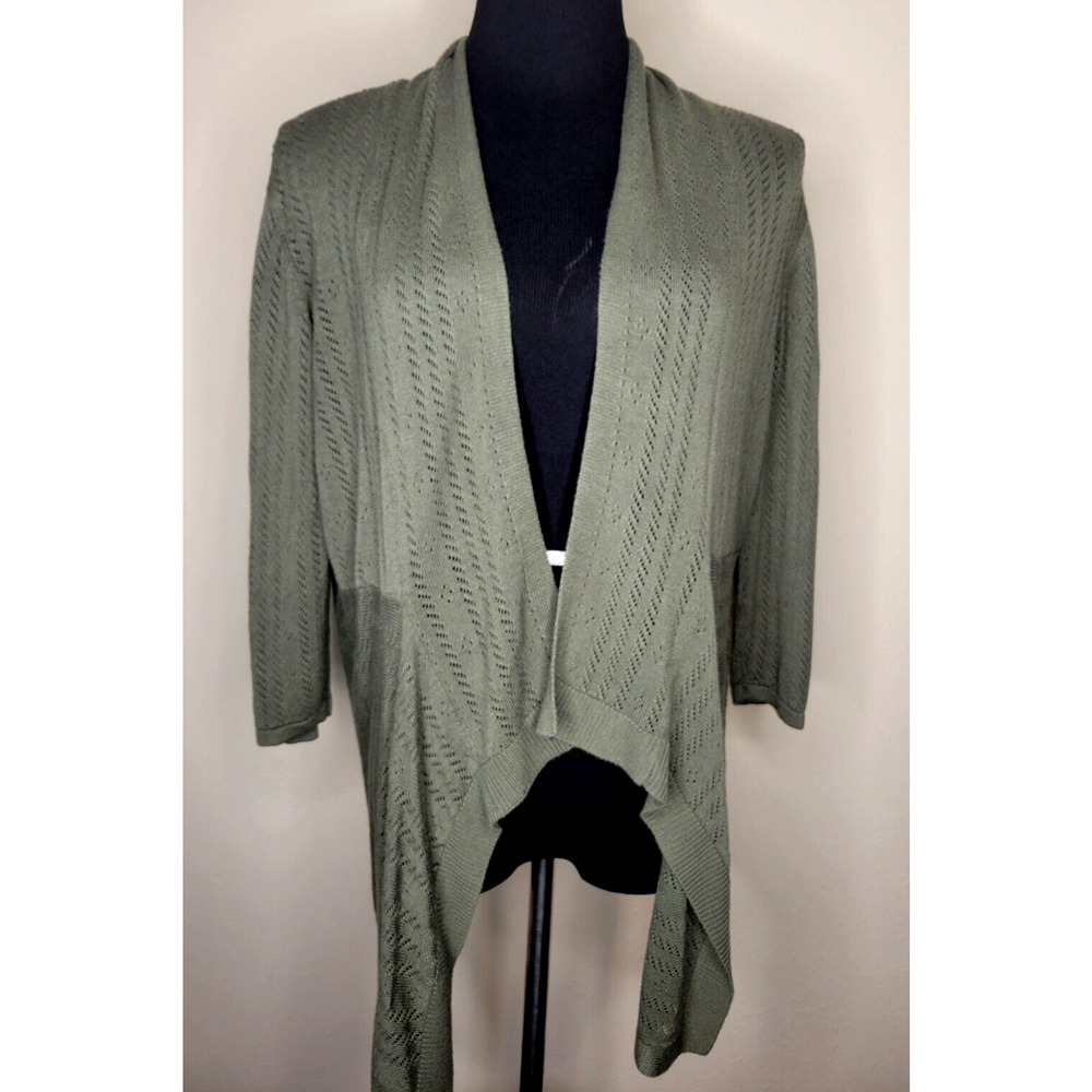 Roz & Ali Women’s Large Waterfall Cardigan Loden Green Knit Open Front Sweater